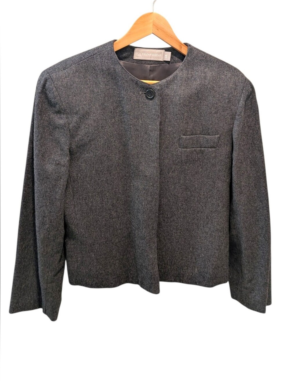 Vintage Evan-Picone Wool Cropped Blazer Collarless Charcoal Made in USA Size 14
